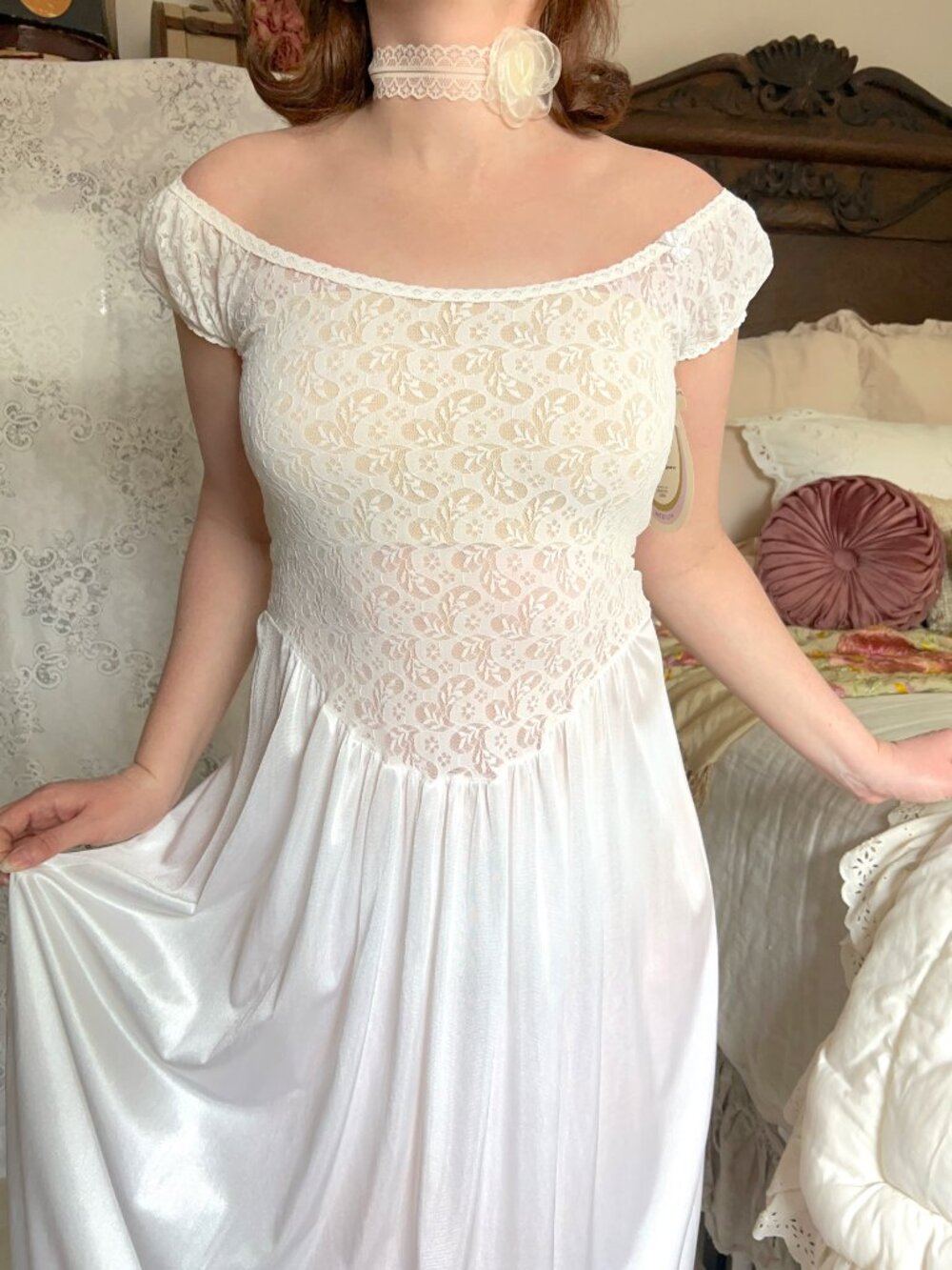 Vintage Deadstock Cinema Etoile White Sheer Lace Nightgown, Coquette Romantic